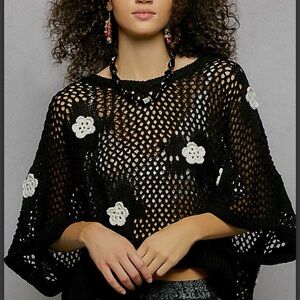POL Black Open-Knit Sweater with White Floral Details